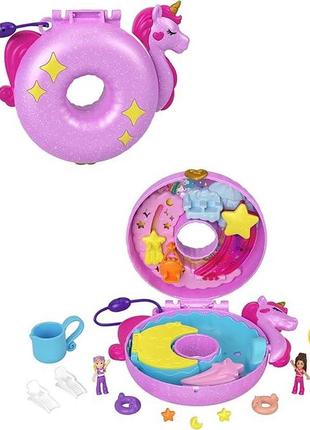 Ігровий  набір polly pocket - ляльки з 12 аксесуарами, коробка  з єдинорогом із водними розвагами