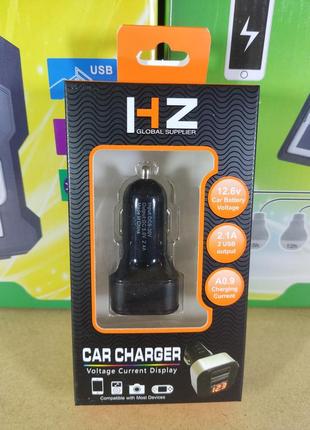 Зарядка адаптер hc1 9001 на 2 usb, автомобильное зарядное устройство в прикуриватель с вольтметром 2.4a