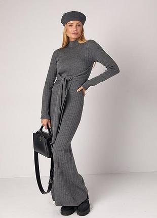 Платье макси в рубчик с широким поясом цвет серый размер l fl_001777