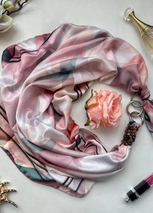 Дизайнерська хустка "рожева перлина" від бренда my scarf, прикрашена натуральним каменем родоніт