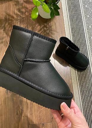 Зимние кожаные угги на меху для девочки черные