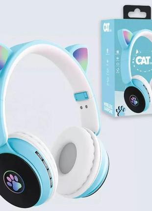 Беспроводные наушники cat st-77m с кошачьими ушками bluetooth с подсветкой голубые