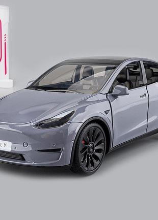 Машинка tesla model y іграшка металева із зарядною станцією 1:24