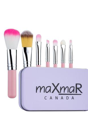 Набір пензлів для макіяжу maxmar 7 шт у металевому футлярі pink mb-210