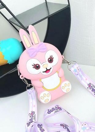 Сумочка детская силиконовая с ремешком зайчик с бантиком розовая