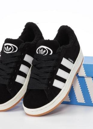 Зимние мужские кроссовки adidas campus black white (мех) 41-42-43-44-45
