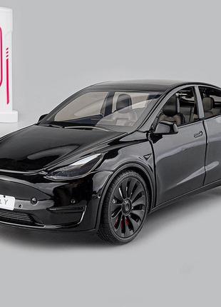 Іграшкова металева машинка tesla model y із зарядною станцією 1:24