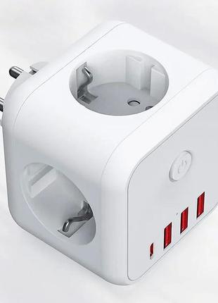 Безпечний трійник 3 гнізда, 220v, 3 usb-a/1 type-c, із заземленням, захисні шторки