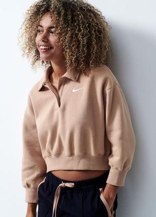 Новая спортивная кофта nike свитшот найк утеплен флисом бежевый оверсайз укороченный кроп топ свиш