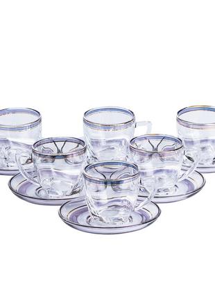 Чашки з блюдцем стеклянные прозрачные набор на 6 персон синий
