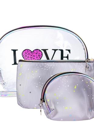 Набір косметичок для зберігання аксесуарів і косметики з 3 штук love, сірий