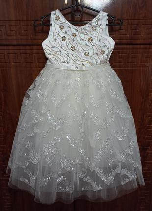 Детское блестящее нарядное платье "джозефин" молочное, на 5-6-7 лет