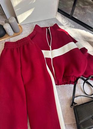 Костюм спортивный женский теплый на флисе оверсайз свитшот на молнии брюки свободного кроя на высокой посадке на резинке качественный буругунди шоколад