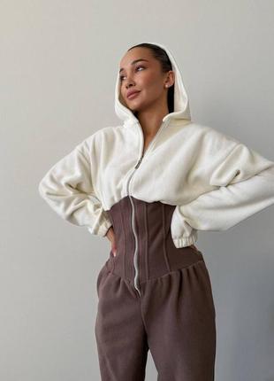 Комбінезон жіночий теплий на флісі на довгий рукав з капішоном на блискавці з кишенями якісний стильний чорний мокко