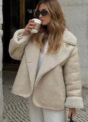 Бежевая дубленка zara, косуха,куртка авиатор,дублянка,пуховик