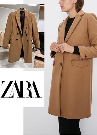 Пальто двубортное zara wool с двойной застежкой из шерсти коричневого цвета