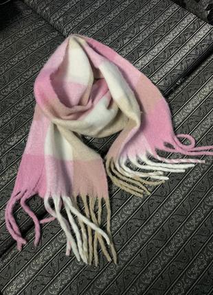 Шарф довгий теплий рожево-біло-бежевий довжина 205+ китиці 20 см1 фото