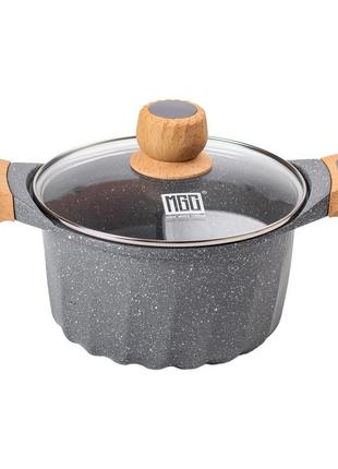 Алюмінієва каструля об'ємом 3 літри з кришкою ø 20 см мармур з антипригарним покриттям mgc сірий