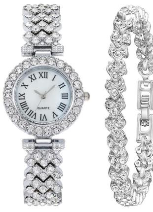 Жіночий кварцовий годинник quartz на металевому ремінці, набір годинник + браслет зі стразами,