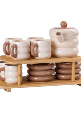 Чайный сервиз на 6 персон с 2-ярусной бамбуковой подставкой
