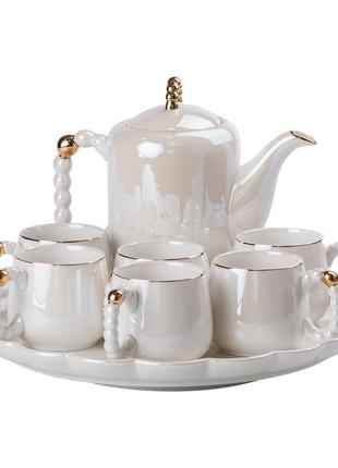 Чайний набір на 6 персон із заварювальним чайником, чайником-заварником і керамічною підставкою білий