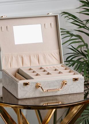 Шкатулка органайзер для украшений бижутерии прямоугольная с зеркальцем чемодан из экокожи серая6 фото