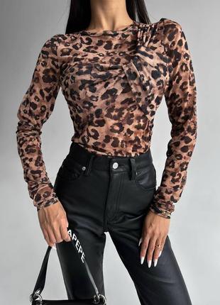 Лонгслів лео з сітки 💕 лонгслів у лео принт ❤️ жіночий топ сітка з лео принтом 💕 лонгслів сітка