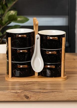 Суповый керамический набор бульонниц с ложками на бамбуковой подставке черный