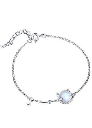 Срібний жіночий браслет із кішкою та місячним каменем