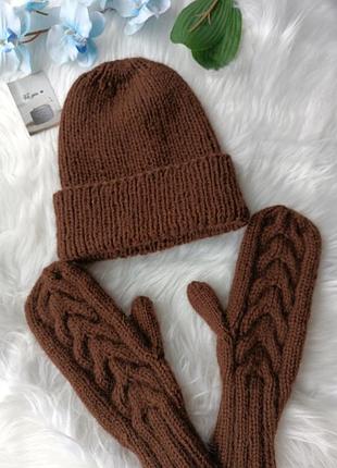 Шапка в'язана біні мохерова і рукавички набір ручної роботи в'язані шапки рукавички