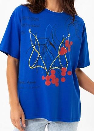 Футболка женская хлопковая патриотическая с принтом калина тризуб герб, синяя