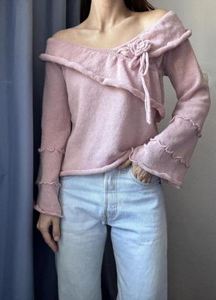 Пудровий светр на плечі джемпер пудра пуловер реглан лонгслів y2k светр шерстяний джемпер розовий9 фото