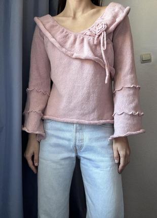 Пудровий светр на плечі джемпер пудра пуловер реглан лонгслів y2k светр шерстяний джемпер розовий2 фото