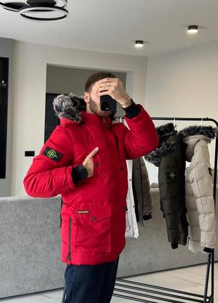 Зимняя красная мужская удлиненная куртка пуховик пальто stone island