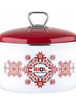 Каструля емальована biol — 200 мм x 3,1 л вишиванка червона