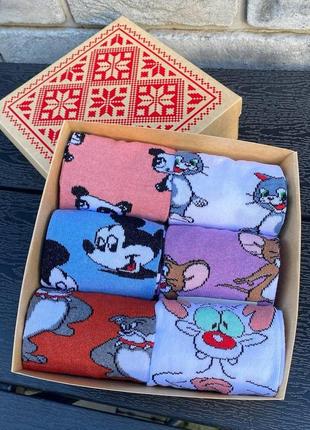 Бокс жіночих мультяшних шкарпеток 36-41 на 6 пар у подарунковій коробці|вигідна ціна|