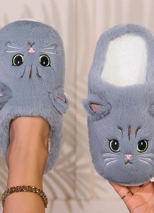 Тапки женские теплые.тапочки домашние комнатные женские котик. тапки  зимние 38-39 размер (серые)