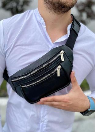 Бананка из натуральной кожи, сумка мужская-женская барсетка черная c серебряным замком|краща ціна|