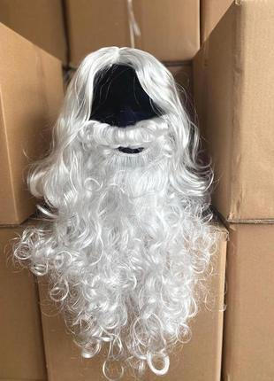 Белый парик иисуса или деда мороза с бородой и усами, волнистые волосы, косплей,...