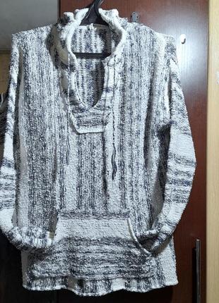 Тёплая туника с капюшоном, стильная трикотажная кофта. худи унисекс, оверсайз.