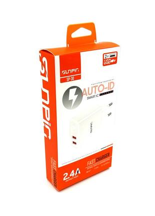 Адаптер питания / сетевое зарядное устройство sunpin sp-30 (5v/2.4a/2usb) auto-id + кабель type c белое