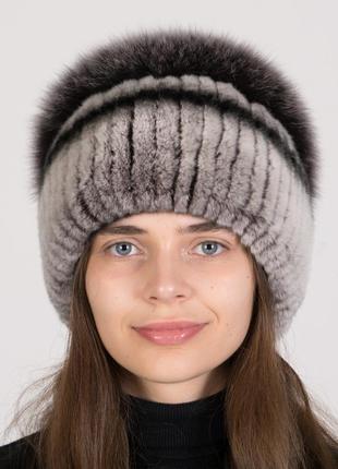 Женская зимняя вязаная меховая шапка из меха кролика с песцовым помпоном