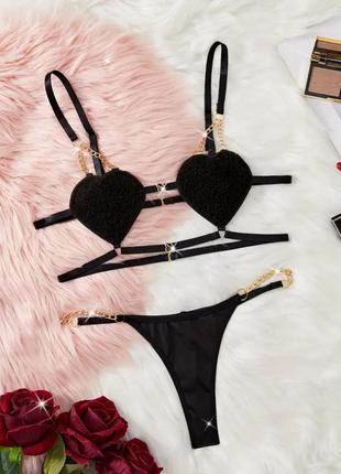 Чорний еротичний комплект жіночої білизни з сердечками чорна сексуальна еротична жіноча білизна