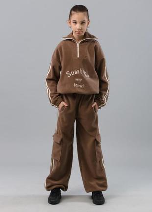 Модный спортивный костюм для девочки, подростковый костюм трехнитка, стильный детский костюм на флисе