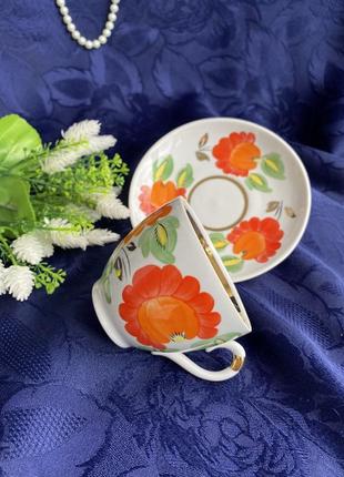 Сказочный цветок!☕️🌺 чайная пара полтавский фарфоровой завод с петриковской росписью чашка и блюдце винтаж