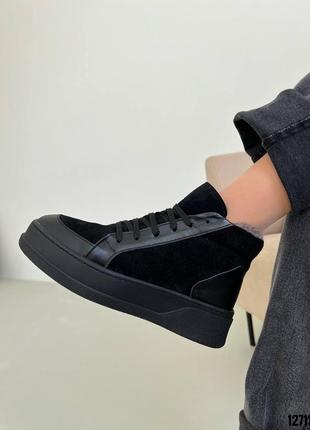 Черные натуральные кожаные замшевые комбинированные зимние высокие кроссовки кеды хайтопы на высокой толстой подошве платформе зимняя кожа замша