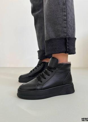 Черные натуральные кожаные зимние ботинки высокие кеды хайтопы на высокой толстой подошве платформе зимняя кожа