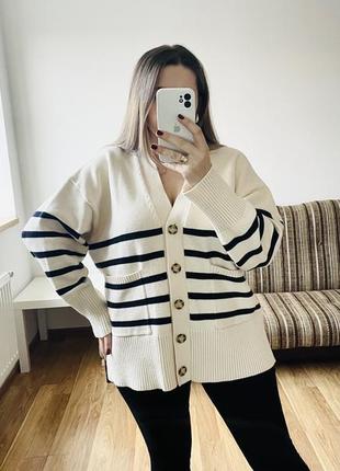 Классический молочный кардиган в полоску от zara