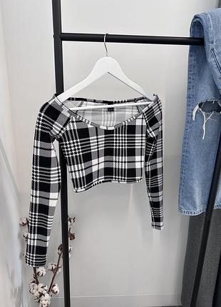 Shein лонгслив укороченный короткий в клеточку гусина лапка
