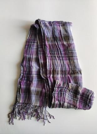 Тонкий літній шарф з кистями 175-40 см бузковий в клітинку8 фото
